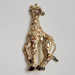 Vintage Large Gold-tone Pave Rhinestone Giraffe Brooch Black Enamel Accents